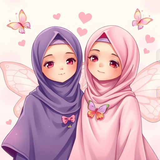 Create an illustration of two girls wearing hijabs, one in purple and one in pink, with butterfly wings, surrounded by hearts and butterflies, using a digital art style, with a focus on pastel colors and smooth lines, captured in a high-resolution format, with a soft focus background to enhance the subjects.