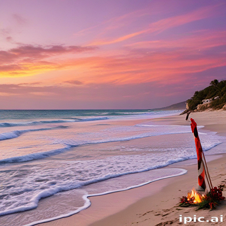 Serene Beach Sunset with Gentle Waves and Colorful Sky Reflection