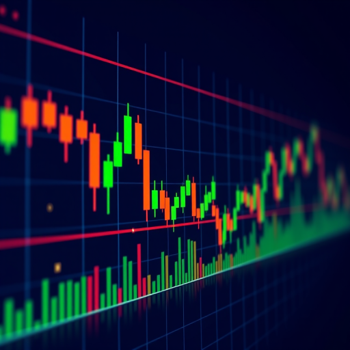 Create a high-resolution digital illustration of a stock market graph with colorful candlestick patterns and data points, using a wide-angle lens at f/8, 1/125s shutter speed, and ISO 100 to enhance clarity and detail, in a sleek, modern style.