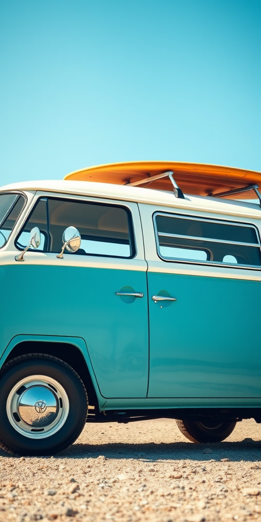 A vintage Volkswagen bus with a pastel blue exterior, white accents, and wooden surfboards on the roof, captured with a Canon EOS R5 at f/8, ISO 100, 1/200 sec, shot from a low angle to emphasize the side profile, using natural light for enhanced colors and highlights.