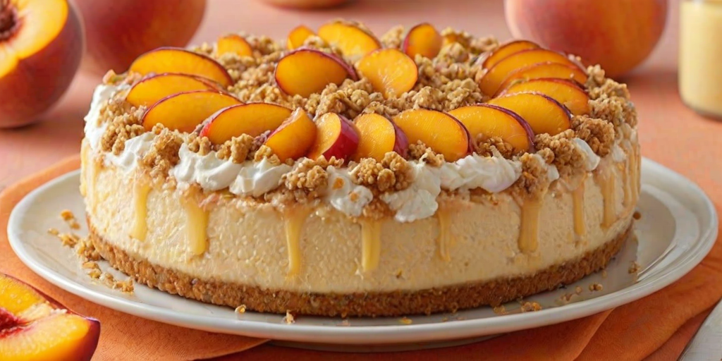 Generate an image of a delicious peach crumble cheesecake. The cheesecake should have a golden crust, topped with a layer of baked peach slices and a generous amount of crumbly topping. Decorate the edges with swirls of whipped cream and place fresh peach slices around the base. The background should include a light, colorful setting that enhances the dessert's appeal.