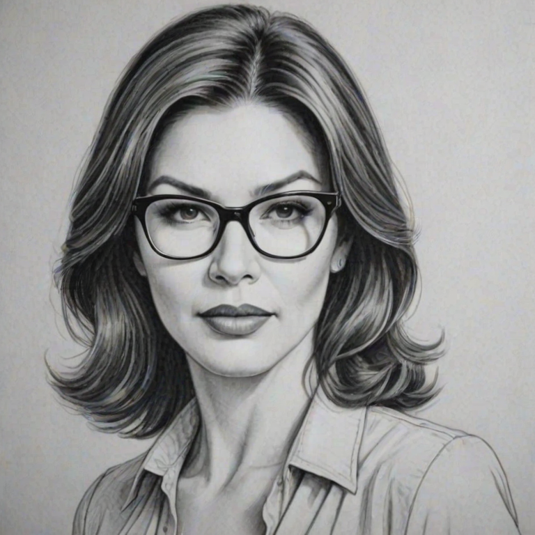 Splendid Laura Harring, pencil sketch, portrait of Magnificent woman 1972s in glasses, hair style beatnik, outline, clear lines, fine lines, 8k