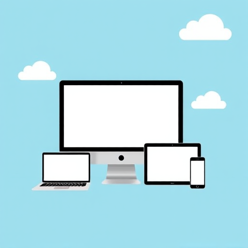 Create a minimalist illustration of various electronic devices including a desktop monitor, laptop, tablet, and smartphone, set against a light blue background with white clouds, captured with a 50mm lens at f/8, ISO 100, shot in natural daylight, using a DSLR camera for high resolution and clarity.