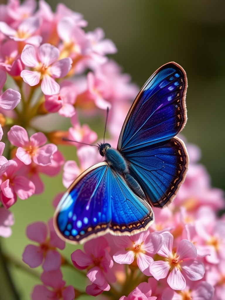 A close-up photograph of a vibrant blue butterfly perched on delicate pink flowers, taken with a Canon EOS 5D Mark IV, 100mm macro lens, aperture f/2.8, shutter speed 1/200 sec, ISO 200, natural soft lighting for enhanced detail and color.