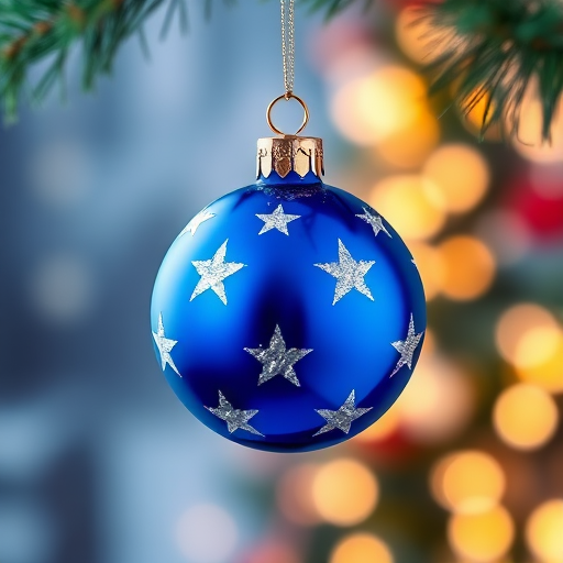 Create a highly detailed and vibrant illustration of a blue Christmas ornament with white stars, hanging against a softly blurred festive background, using a DSLR camera, 50mm lens, f/2.8 aperture, ISO 100, and a shallow depth of field to enhance the image quality.