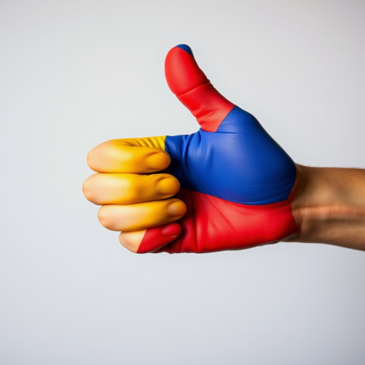 Generate an image of a hand giving a thumbs up with the Colombian flag colors of yellow, blue, and red on the fingers, ensure high resolution with a DSLR camera setting of f/2.8, ISO 100, and a 50mm lens, shot from a close-up perspective against a neutral background for clarity.