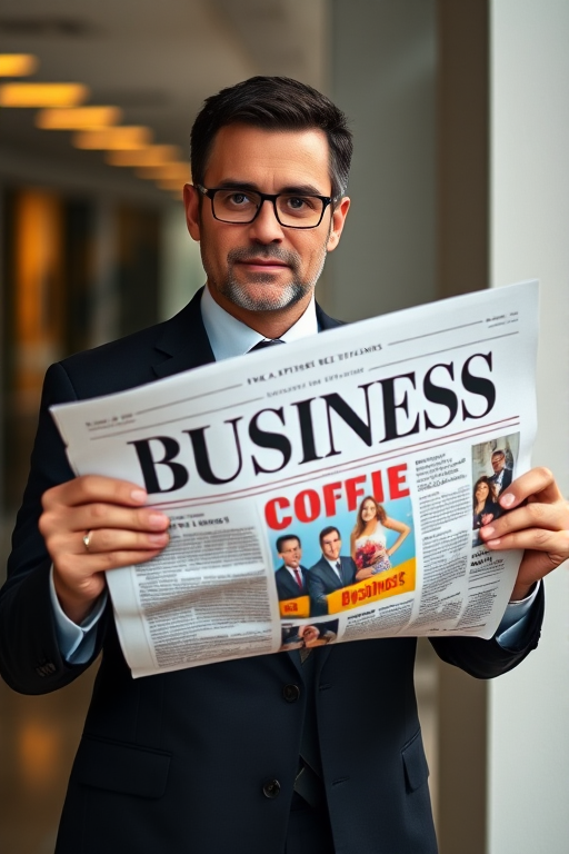 Create a high-resolution image of a businessman in a suit holding a newspaper titled "BUSINESS" with a colorful graphic on the front page, shot with a Canon EOS R5 at f/2.8, ISO 100, 50mm lens, natural soft lighting, and a shallow depth of field.