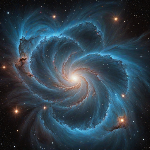create a stunning cosmic scene featuring swirling blue nebulae, bright stars, and a glowing center of light amidst deep space darkness