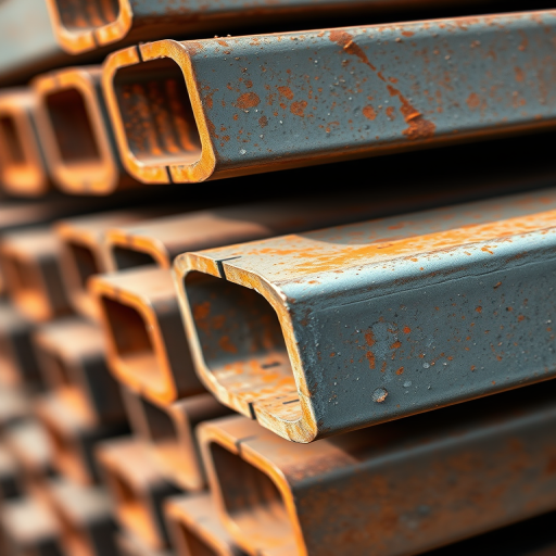 generate a high-resolution close-up image of steel beams stacked at an angle, showcasing the textured surfaces and orange rust details, captured with a DSLR camera at f/8 aperture, ISO 100, 50mm lens, in natural lighting to enhance the contrast and depth.