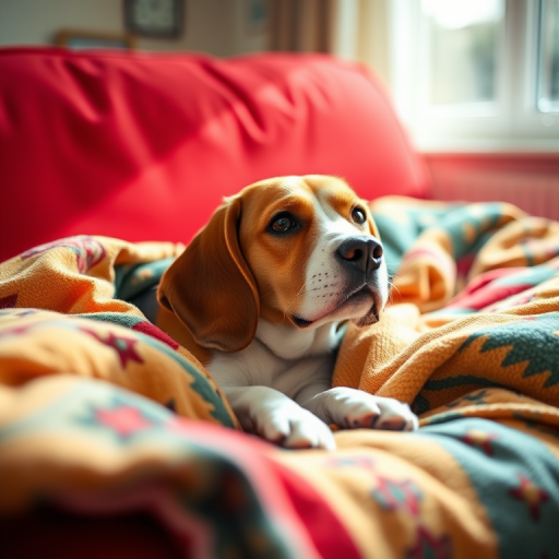A cozy beagle dog resting on a bright red couch covered in colorful blankets, natural light pouring in, shallow depth of field, 50mm lens, f/2.8 aperture, ISO 200, shot with a DSLR camera.