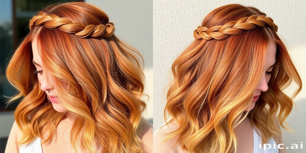Warm copper penny hues blend into golden honey tones, styled in loose, tousled waves with a braided crown, creating the sun-drenched "Harvest Glow" look