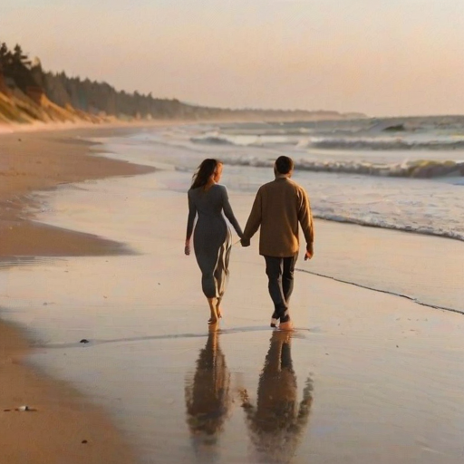 Blurry, candid shot of a couple walking along a beach at sunset, hand in hand, soft waves gently crashing on the shore, distant seagulls flying overhead, the golden light of the setting sun reflecting off the water, footprints trailing behind them in the wet sand.