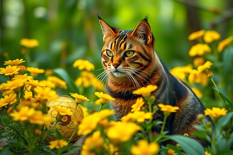A majestic cat with black and yellow stripes resembling a bumblebee, sitting among vibrant yellow flowers in a lush forest setting, shot with a Canon EOS R5, 50mm lens, f/1.8 aperture, ISO 100, natural lighting, shallow depth of field for soft background blur.