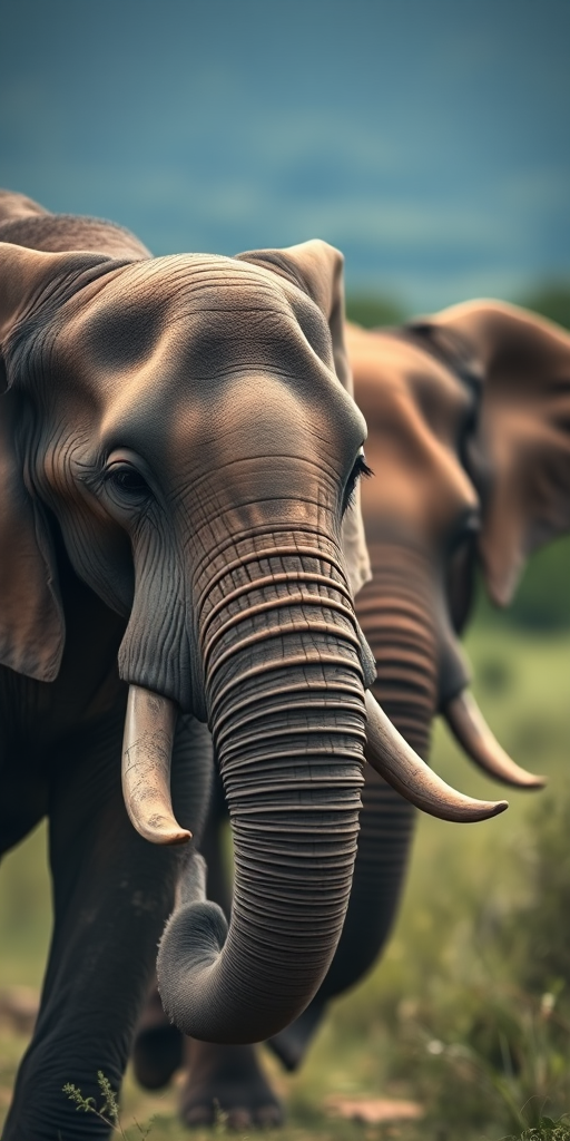 A close-up shot of two elephants walking side by side in a natural setting with a blurred background effect, taken with a Canon EOS 5D Mark IV, f/4 aperture, ISO 100, 1/200s shutter speed, lens focal length of 50mm, and a shallow depth of field to enhance image clarity and detail.
