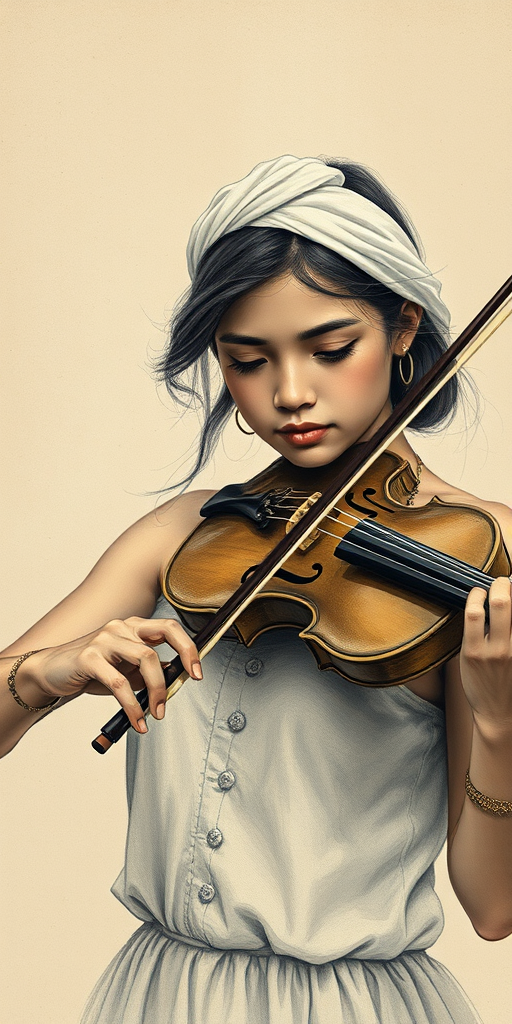a young Latino woman with a white headband playing a violin, in the style of a charcoal drawing, sepia grunge background
