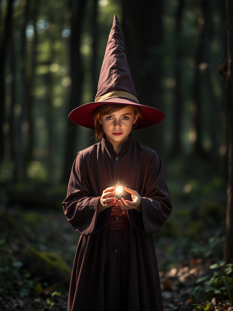 Create an ethereal portrait of a young wizard with a long, pointed hat standing in a mystical forest, capturing a glowing spell in their hands, set with a Canon EOS R5, 50mm lens, f/1.8, ISO 100, with soft bokeh background, dramatic natural lighting, and a cinematic atmosphere.