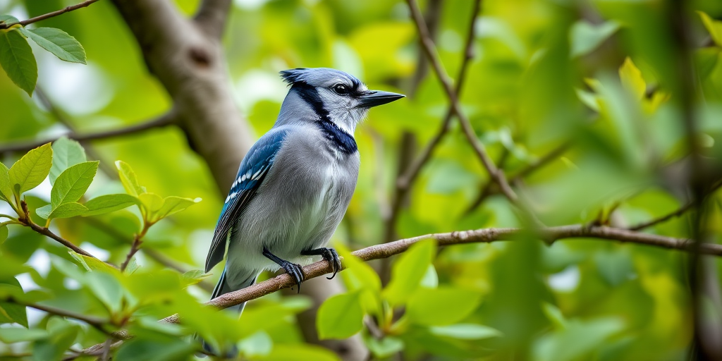 Capture a close-up shot of a blue jay perched on a tree branch surrounded by vibrant green leaves, using a DSLR camera with a 50mm lens, aperture set to f/2.8 for a shallow depth of field, ISO 400, shutter speed of 1/500 sec, natural lighting, in a soft-focus style.