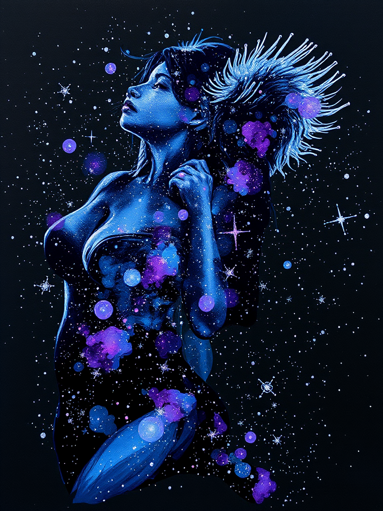 Captivating conceptual render alcohol ink art, double exposure, the paint strokes artfully merge combining a woman's full silhouette with a Cute koala's silhouette. The figures are composed of a series of colored dots, lines & spots that evoke the image of a cosmic galaxy, colors are deep shades of blue purple & black with flashes of white & silver representing distant stars. The woman's silhouette is formed within the lion's silhouette from constellations of scattered stars, surreal