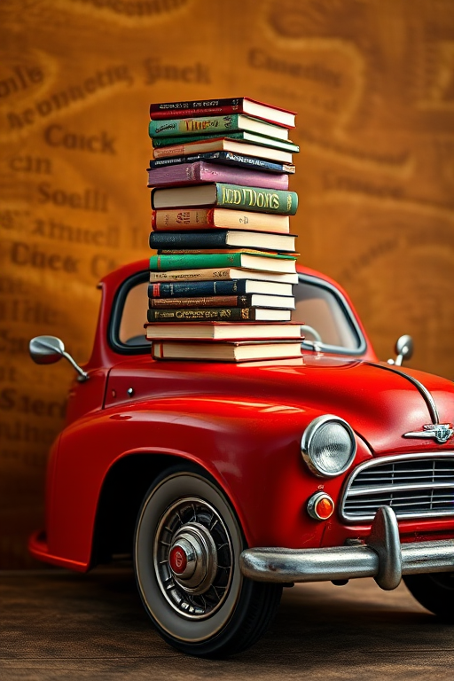 A vintage red car with a stack of colorful books on top, set against a warm, textured brown background, shot with a DSLR camera at f/2.8, ISO 100, 50mm lens, in soft natural light for enhanced image quality and vibrant colors.