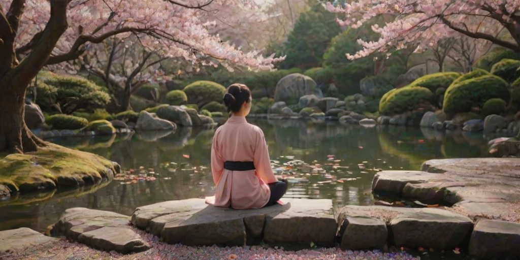 Tranquil scene in a Japanese garden, with koi fish swimming in a pond, cherry blossom trees in full bloom, and a woman meditating on a stone path.