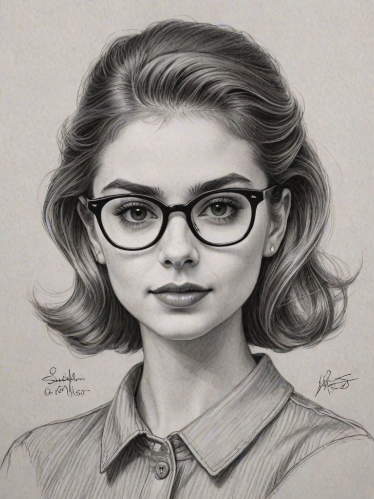 Exquisite Sami Gayle, pencil sketch, portrait of Bewitching woman 1945s in glasses, hair style beatnik, outline, clear lines, fine lines, 8k
