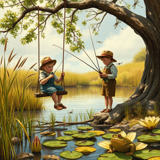 Imagine a small group of old fashioned young boys out fishing by the creek, a swing hanging from a tree branch, reeds and grasses by the water's edge, a frog sitting on a lily pad, dragonflies hovering over som water plans, a very iconic old fashioned scene reminiscent of a Norman Rockwell painting style