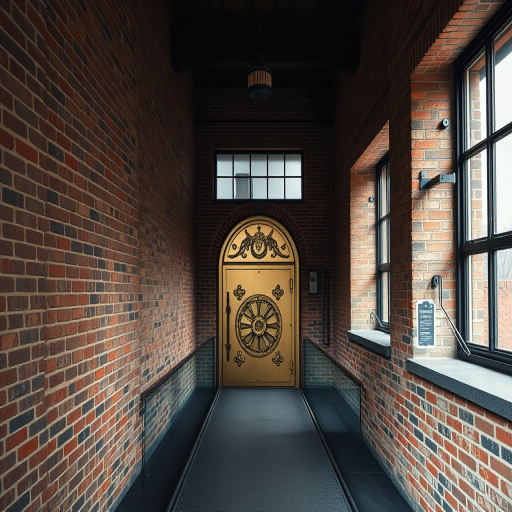 interior of a vintage industrial building featuring a brick wall and a glass walkway leading to an ornate vault door, captured with a Canon EOS R5, 24mm lens, f/8 aperture, ISO 100, natural light, shot from a slightly low angle to emphasize depth and texture