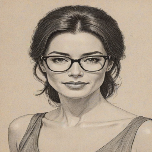 Fetching Jaime Murray, pencil sketch, portrait of Wonderful woman 1960s in glasses, hair style beatnik, outline, clear lines, fine lines, 8k
