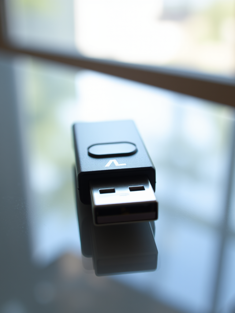 Create a high-resolution image of a USB flash drive placed on a reflective surface with a shallow depth of field, using a 50mm lens at f/2.8, ISO 100, and aperture priority mode on a DSLR camera, capturing natural lighting to emphasize the texture and details of the flash drive.