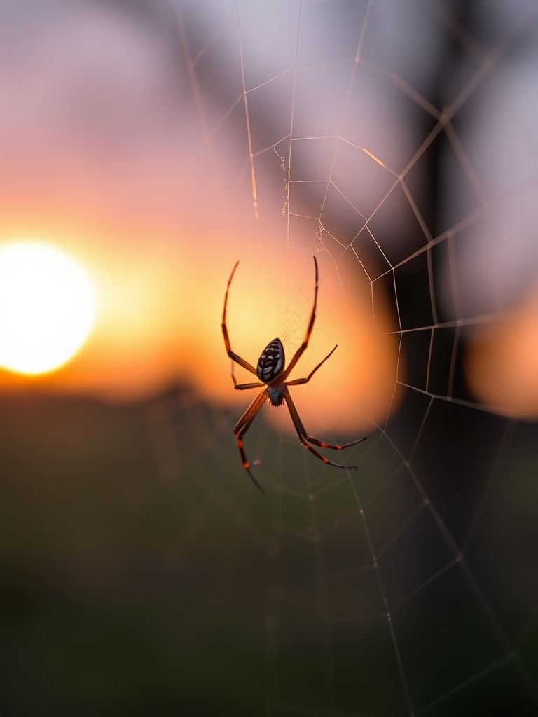 close-up of a spider on its web with a blurred sunset background, taken with a Canon EOS R5, 85mm f/1.4 lens, f-stop 2.8, ISO 100, shutter speed 1/200s, natural light, shallow depth of field, macro perspective