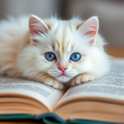 A fluffy white cat with striking blue eyes resting on an open book with blurred background details, showcasing its adorable features and soft fur.