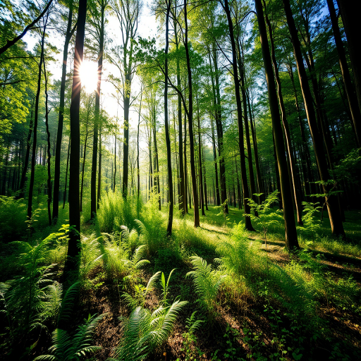 Generate a high-quality image of a peaceful forest scene with sunlight filtering through the trees, taken with a DSLR camera at f/2.8, ISO 100, shutter speed 1/125s, using a wide-angle lens, in natural lighting, with a focus on vibrant greens and soft bokeh.