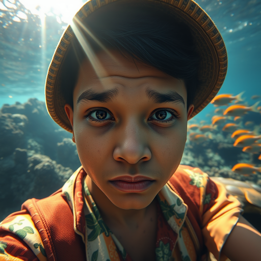 Realistic selfie image of a Tongan, wearing a vintage outfit, detailed dreamy eyes, droopy hooded eyes, staring at the camera, taken underwater at coral reef with a sunbeam filtering through the water, vibrant, summer vacation, natural lighting, turtle and school of tropical fish with vibrant colors, rendered in the style of CryEngine, Pegi Nicol MacLeod, with realistic genre scenes, hauntingly beautiful narratives, ultra-realism, and Thomas Saliot's close-up technique, 8K resolution, crystal clear and sparkling water.