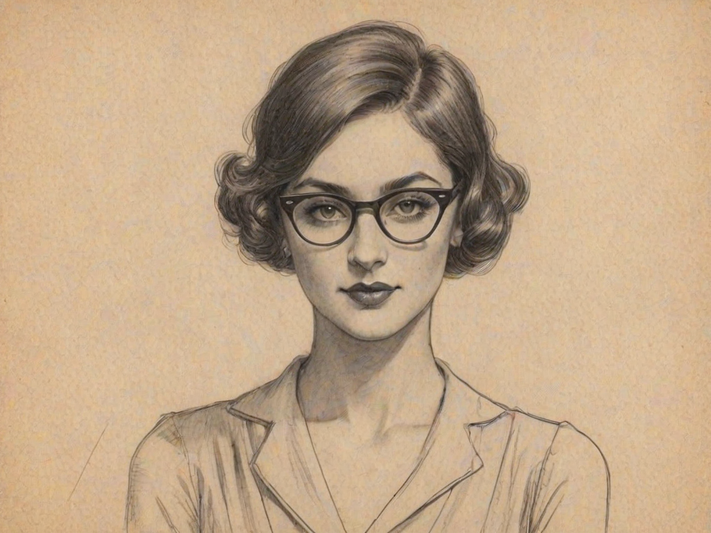 Charming Sophia Taylor Ali, pencil sketch, portrait of Beauteous woman 1925s in glasses, hair style beatnik, outline, clear lines, fine lines, 8k