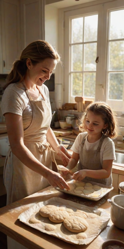 Cozy kitchen scene, with a mother baking cookies, her children helping by rolling out dough, the warm scent of vanilla wafting through the air, and sunlight streaming through the window.