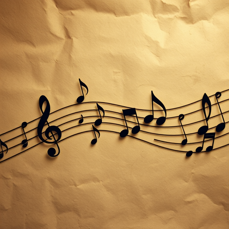 Create an artistic representation of musical notes flowing over a textured vintage paper background, captured with a DSLR camera at 50mm focal length, f/8 aperture, ISO 100, soft natural lighting for enhanced detail and warmth.