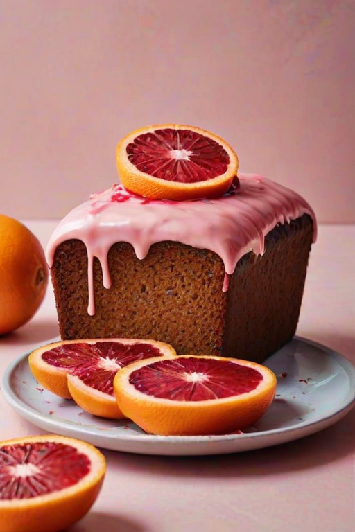 Create an image of a loaf cake topped with pink icing and decorated with slices of blood orange. The cake should have a moist texture, and the icing should appear glossy, with some drips running down the sides. The background should be a simple, light pattern to keep the focus on the cake.