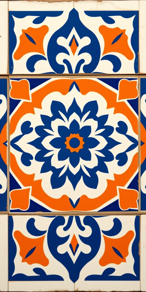 Create a vibrant geometric tile design featuring a large floral pattern at the center with a blue and white color scheme, complemented by orange accents, captured in high resolution with a DSLR camera, 50mm lens, f/1.8 aperture, and a top-down view for clarity and detail.