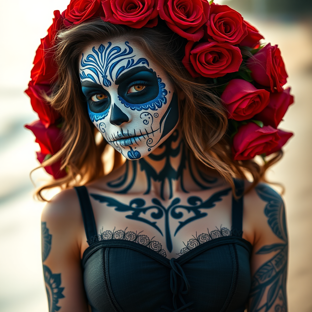 Create a high-resolution portrait of a woman with intricate Dia de los Muertos makeup featuring blue and white designs, surrounded by red roses in her hair, wearing a corset dress with tattooed arms, shot with a Canon EOS R5, 85mm lens, f/1.4 aperture, natural lighting, shallow depth of field, and a soft-focus background by the beach.