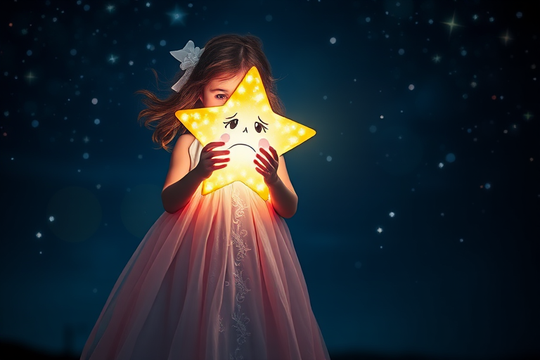 A whimsical scene of a young girl in a flowing nightgown holding a glowing star with a sad face, dark night sky filled with stars, vibrant colors, shot with a DSLR camera at f/2.8, ISO 100, 50mm lens, soft focus background, portrait orientation, low light exposure for enhanced glow effect.