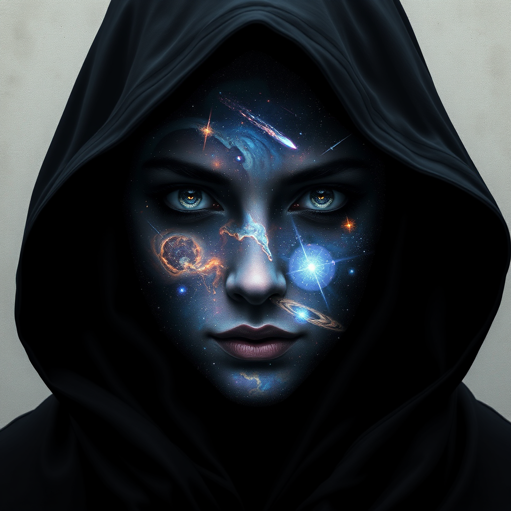 A mysterious hooded figure stands silently, the dark cloak flowing around them like shadows. Beneath the hood, their face is a mesmerizing cosmic scene where swirling galaxies, radiant stars, and vibrant planets form the features. Nebulas drift where eyes should be, glowing softly, while delicate streaks of cosmic energy trace the outlines of a nose and lips. Comets streak across the vastness of their face, and faint constellations pulse with life. The entire visage shifts and evolves as if the universe itself is contained within the figure, giving an ethereal, otherworldly presence to their form.