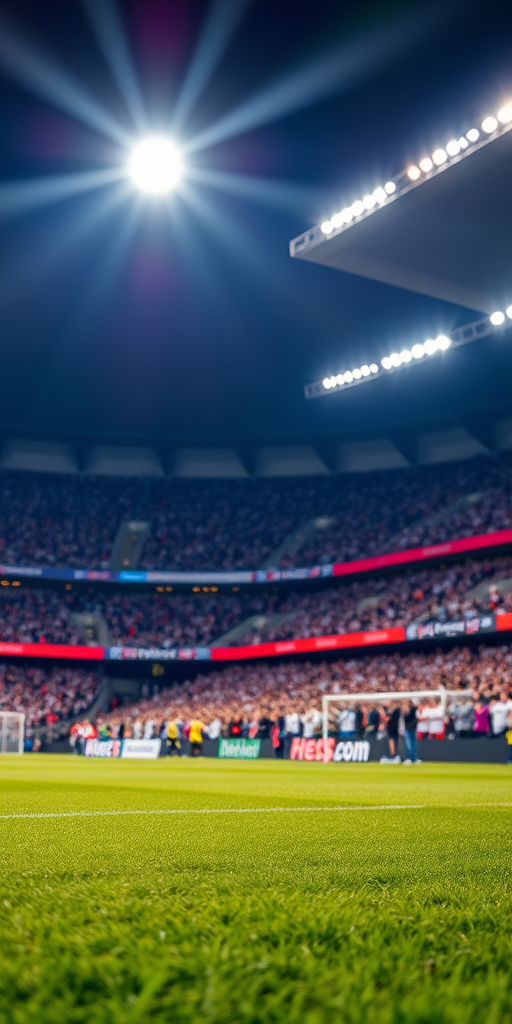 Generate an image of a brightly lit soccer stadium filled with fans, focusing on the grassy field in the foreground, with a wide-angle view, using a DSLR camera, f/2.8 aperture, ISO 400, 24mm lens, and a high dynamic range to enhance depth and clarity.