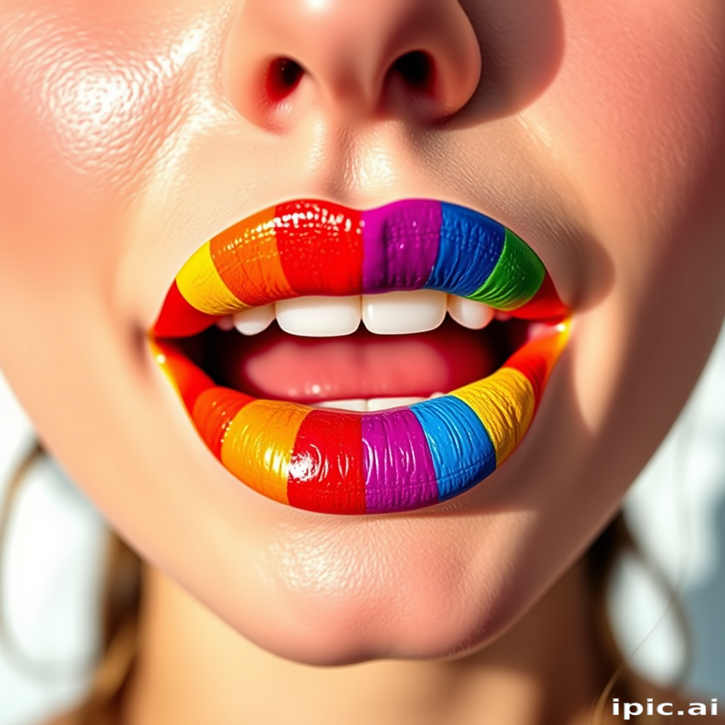 Playful rainbow lips featuring a spectrum of vibrant colors, artfully blended to create a whimsical and eye-catching look, photographed in bright, cheerful lighting