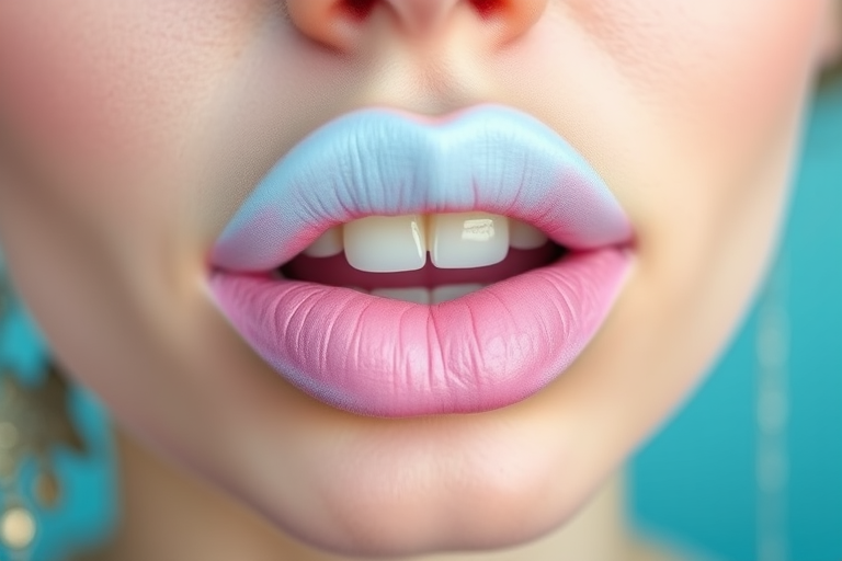 Whimsical "Cotton Candy Cloud" lip look blends pastel pink and blue hues in a soft, diffused ombre, reminiscent of fluffy carnival treats and ideal for playful, dreamy makeup looks
