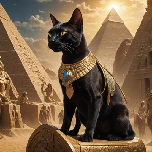 award winning digital illustration, surrealism, closeup sideview of a (ruthless black Egyptian Pharaoh cat:1.25) riding a golden chariot in an ancient pyramid city, exuding authority and dominance over terrified human slaves in the background, rich dramatic lighting, gleaming mirrored reflections, intricate textures, glowing dust, god rays,  highly detailed art <lora:MJ52:0.8> <lora:add-detail-xl:0.8>