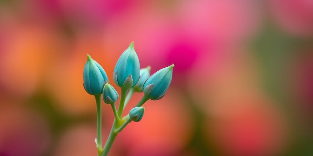 macro shot of turquoise flower buds against a blurred colorful background, aperture f/2.8, shutter speed 1/200s, ISO 100, 50mm lens, natural light, DSLR camera