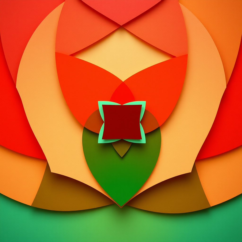 Create a vibrant abstract design featuring overlapping geometric shapes in warm colors like red, orange, and green, with a soft beige background, taken with a DSLR camera at f/8, ISO 100, 50mm lens, top-down view, and enhanced with natural lighting to emphasize depth and contrast.