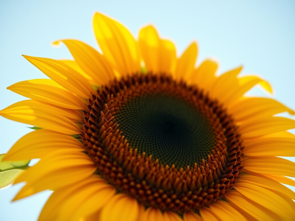 Capture a close-up shot of a single sunflower in a clear blue sky using a DSLR camera, f/2.8 aperture, ISO 100, shutter speed 1/2000s, natural light, and a macro lens for enhanced detail and vibrant colors.