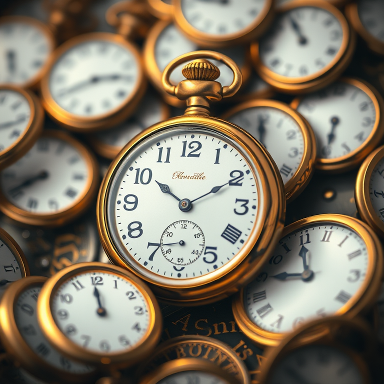 Create an artistic representation of an antique gold pocket watch surrounded by multiple swirling clocks, with a soft focus background, taken with a DSLR camera at f/2.8 aperture, 50mm lens, ISO 100, using a macro lens to enhance detail and texture in the watch's intricacies.