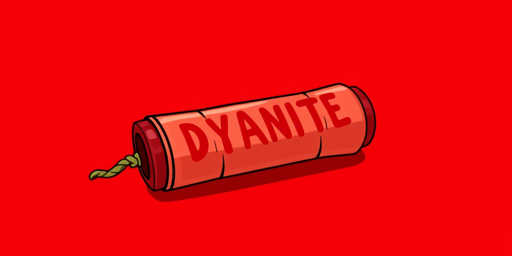 Create a vibrant illustration of a cartoon dynamite stick on a bright red background, using a Canon EOS R5 camera, 50mm lens, f/1.8 aperture, ISO 100, and a shallow depth of field for sharp focus and a blurred background.